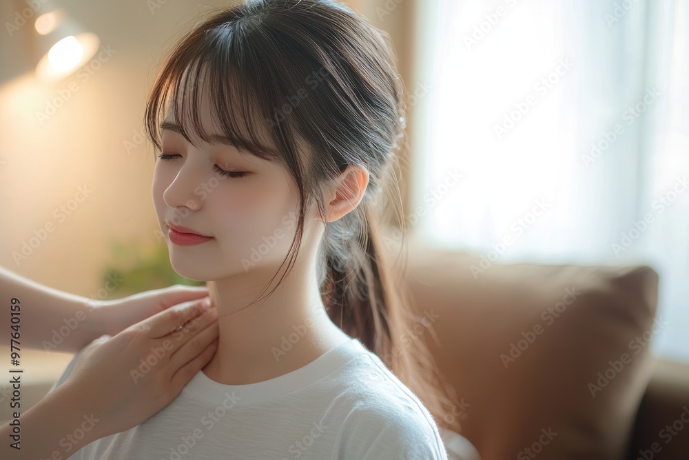 Japanese woman in casual clothes is receiving a neck massage from a physical therapist for chronic stiff neck, with the physical therapist's hands lightly holding her shoulders.