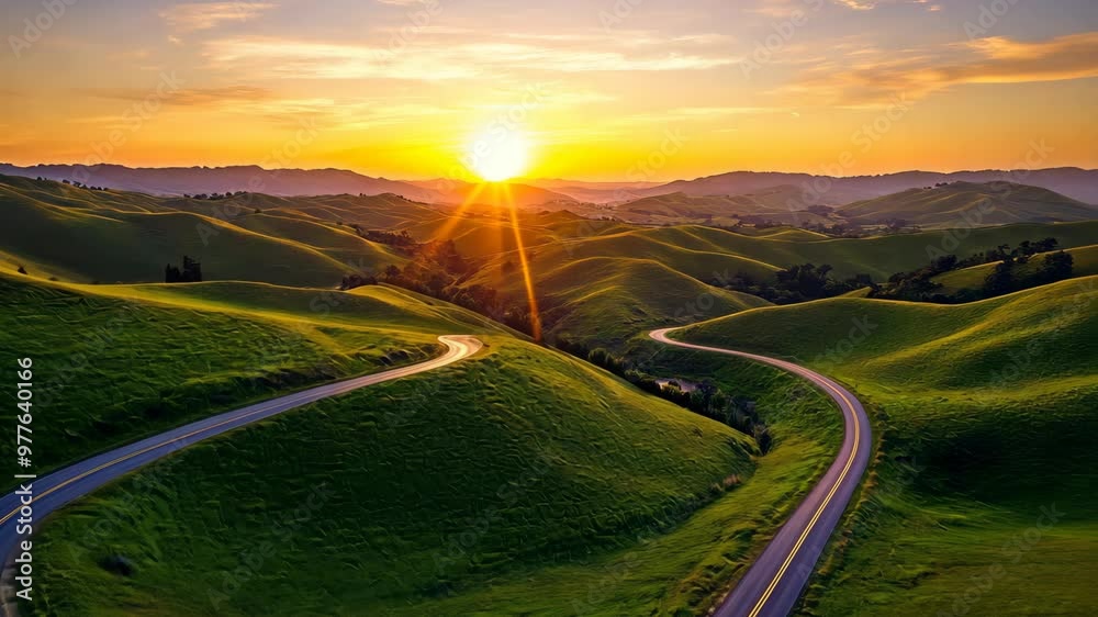 Sunrise over rolling green hills with winding road in the countryside at dawn Sunrise over rolling green hills with winding road in the countryside at dawn