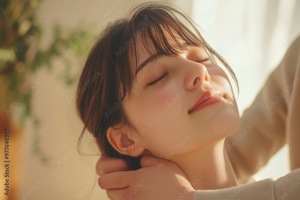 Japanese woman in casual clothes is receiving a neck massage from a physical therapist for chronic stiff neck, with the physical therapist's hands lightly holding her shoulders. Japanese woman in casual clothes is receiving a neck massage from a physical therapist for chronic stiff neck, with the physical therapist's hands lightly holding her shoulders.