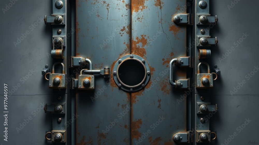 A dimly lit, rust-resistant metal door with multiple heavy-duty locks and a peephole opens onto a narrow corridor A dimly lit, rust-resistant metal door with multiple heavy-duty locks and a peephole opens onto a narrow corridor
