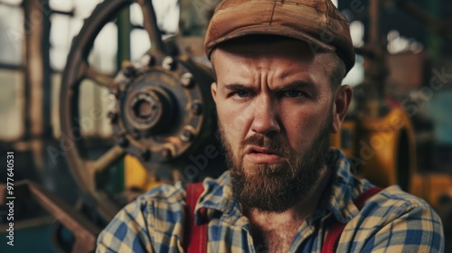 Wallpaper Mural A man with a beard and hat is standing in front of a machine Torontodigital.ca