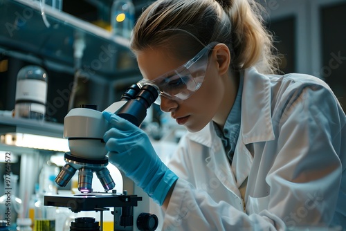 Female biochemist using microscope while working on scientific research in laboratory.