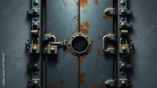 A dimly lit, rust-resistant metal door with multiple heavy-duty locks and a peephole opens onto a narrow corridor photo