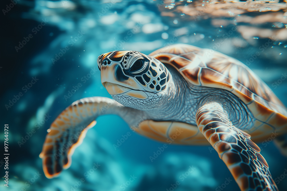 Fototapeta premium Little turtle swimming in the sea Vivid underwater images and southern landscapes, clear waters