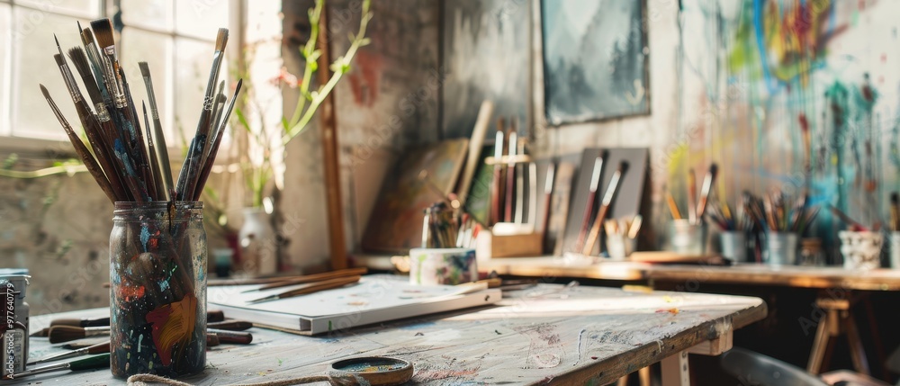 A messy art studio with a jar of paint brushes and a painting on the wall A messy art studio with a jar of paint brushes and a painting on the wall