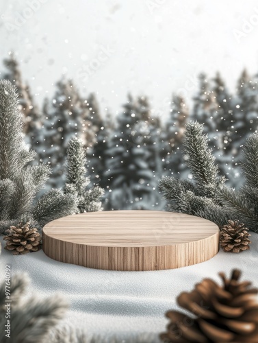 Empty Blank Light Brown Wooden Podium Stand Platform Snow Winter Wonderland Day Background View Backdrop Xmas Concept Mockup Template Product Demonstration Presentation Advertisement Commercial Sale. photo