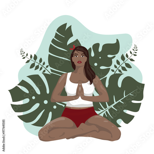 vector illustration of a brunette girl sitting in the lotus position doing yoga 