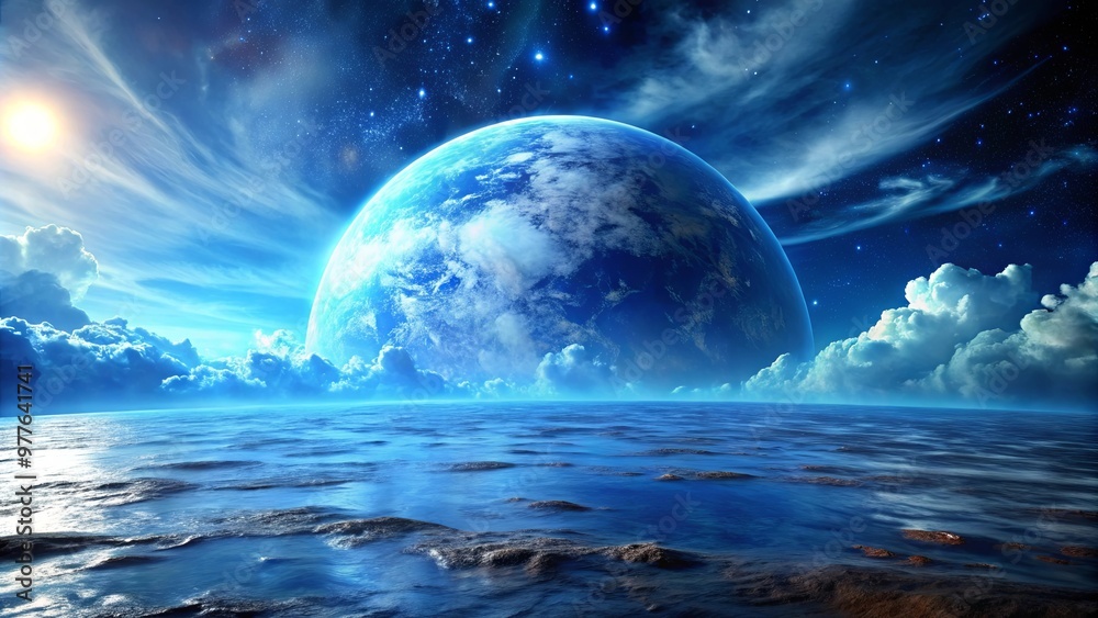 Blue Planet in the Night Sky with Stars and Clouds Over a Still Ocean Blue Planet in the Night Sky with Stars and Clouds Over a Still Ocean
