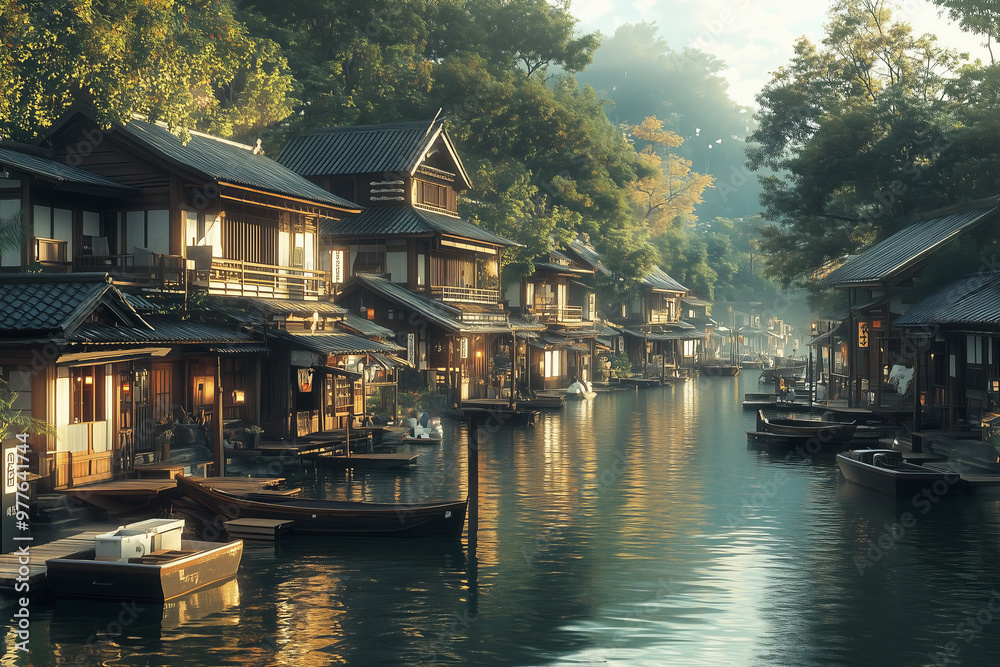 Small town on the river, rowboats moored on both sides of the waterfront, water travel by rowboat Small town on the river, rowboats moored on both sides of the waterfront, water travel by rowboat
