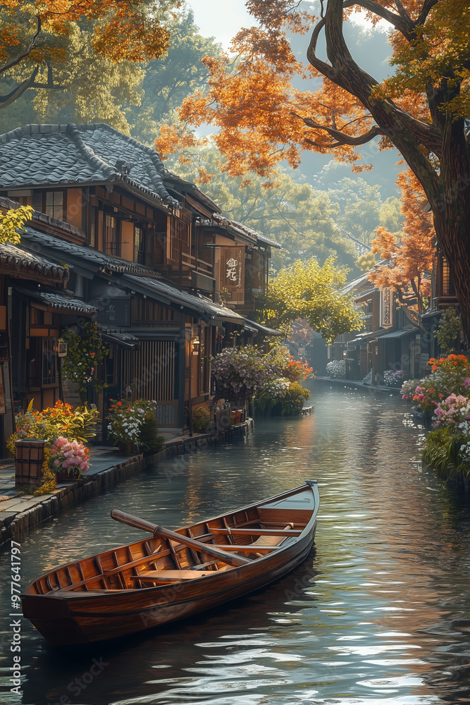 Obraz premium Small town on the river, rowboats moored on both sides of the waterfront, water travel by rowboat