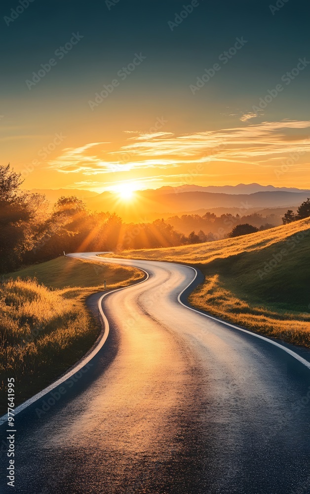 Bright sunrise illuminating a winding road, symbolizing the start of a new path. Bright sunrise illuminating a winding road, symbolizing the start of a new path.