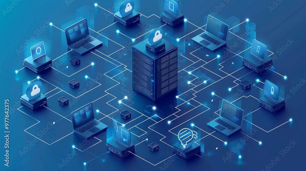 A blue and white isometric vector illustration of an AI server, surrounded by laptops with touch panels connected to it through wireless connections in the cloud. 