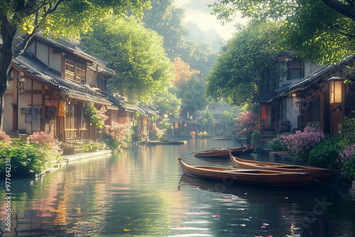 Small town on the river, rowboats moored on both sides of the waterfront, water travel by rowboat