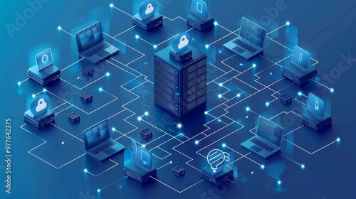 A blue and white isometric vector illustration of an AI server, surrounded by laptops with touch panels connected to it through wireless connections in the cloud. 