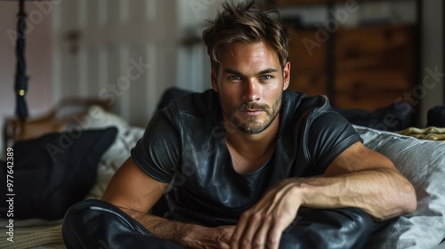 Handsome man lounging casually on a cozy sofa at home