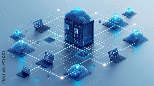A blue and white isometric vector illustration of an AI server, surrounded by laptops with touch panels connected to it through wireless connections in the cloud. 