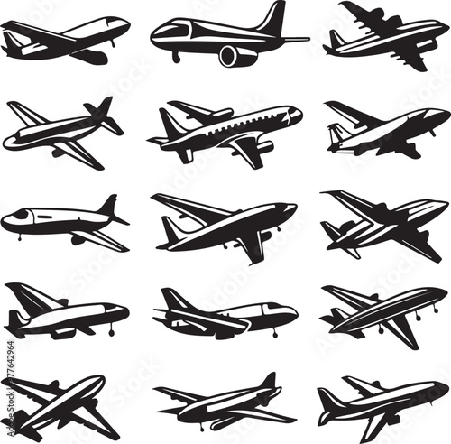 Sleek and Modern Airplane Icon Set off Variations in Black and White