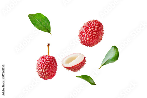 Lychee fruits and peeled flesh with rough red skins flying in the air isolated on background, tropical fruit with sweet and mildly tart flavor.