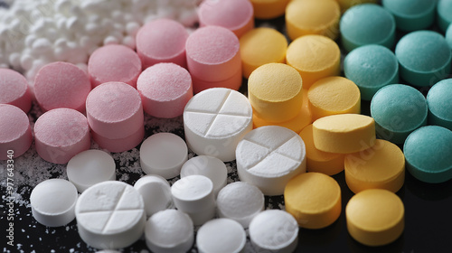 Colorful pills and narcotics lying on dark background photo