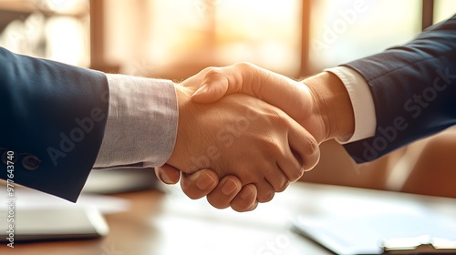 Two professionals exchanging firm handshakes after negotiating a partnership deal, partnership agreement, successful outcome.