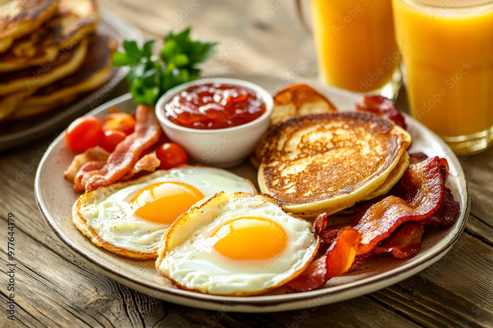 American breakfast with sunny side up eggs, bacon, toast, pancakes, coffee and juice, wood background. American breakfast with sunny side up eggs, bacon, toast, pancakes, coffee and juice, wood background.