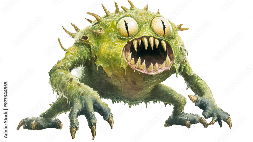 Fototapeta premium A green monster with a big mouth and sharp teeth
