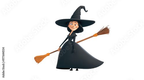 A cartoonish witch is holding a broom and smiling photo