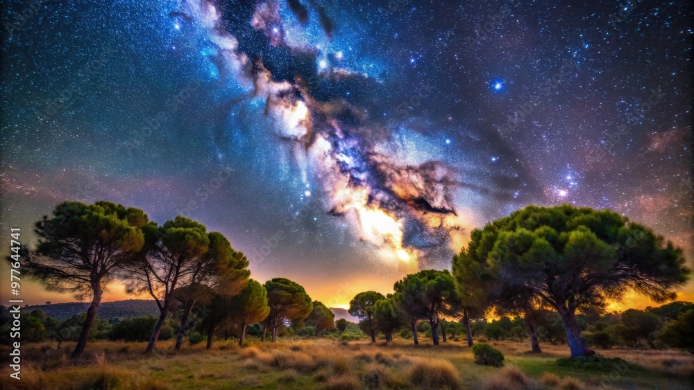 Stunning Milky Way galaxy over the enchanting forests of Granadilla, Extremadura, Spain Stunning Milky Way galaxy over the enchanting forests of Granadilla, Extremadura, Spain