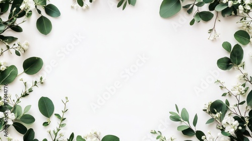 A botanical wedding frame featuring delicate green leaves and soft white flowers, arranged around the edges of a clean white background, ideal for an elegant wedding invitation. photo