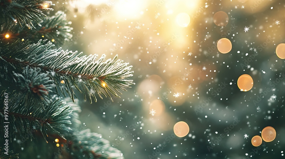 Snow-covered pine branches with glowing lights in a bokeh background. Christmas Tree. AI generated image Snow-covered pine branches with glowing lights in a bokeh background. Christmas Tree. AI generated image