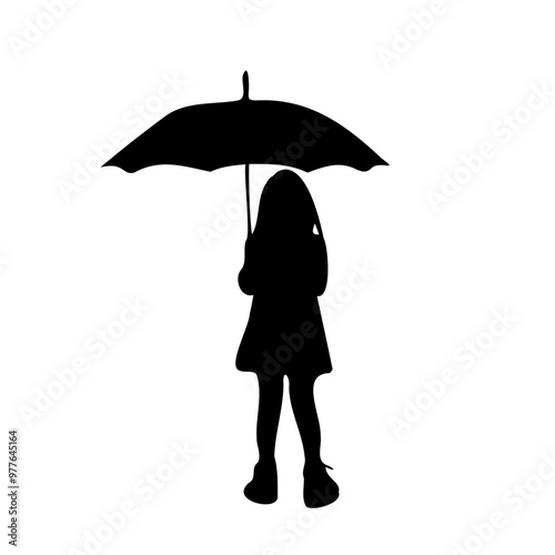 Silhouette of a little girl under an umbrella on a transparent background