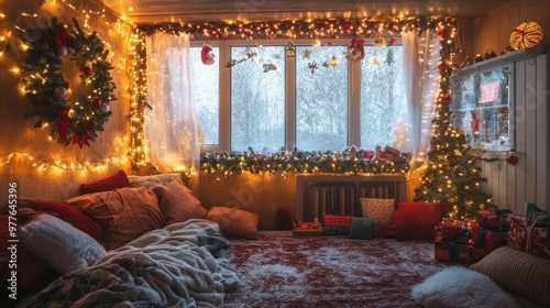 A cozy room filled with Christmas decorations, from twinkling lights to festive garlands, with soft pillows and blankets for a homely holiday feel. photo