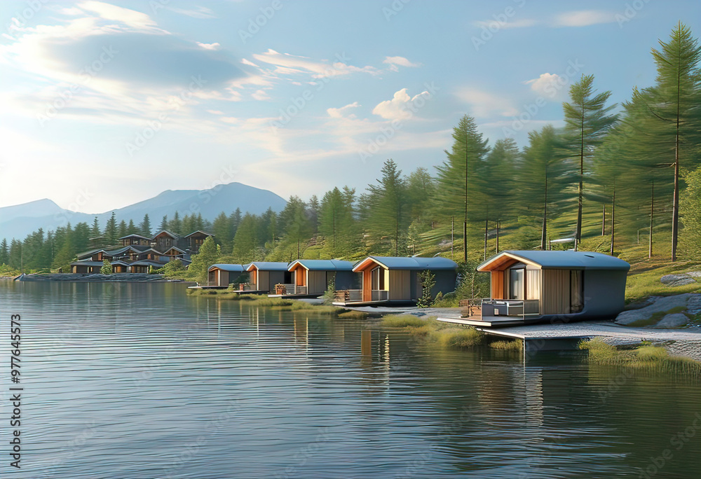 resort village with cozy small modern houses by the lake, camping in nature, tourism resort village with cozy small modern houses by the lake, camping in nature, tourism