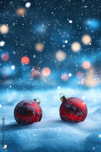 Christmas ornaments are covered in snow with a bokeh background. Toy balls red and blue. AI generated image