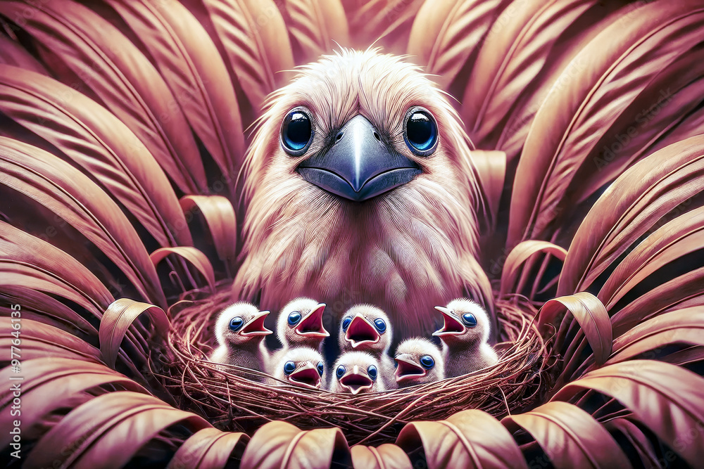Obraz premium A mother bird with wide, expressive eyes sits protectively in a nest with six chirping hatchlings. The nest is surrounded by soft feathers in warm tones, creating a cozy and nurturing atmosphere.