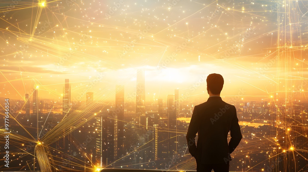 A businessman gazing at a futuristic cityscape illuminated by golden sunset light, with glowing digital networks connecting the skyscrapers. A businessman gazing at a futuristic cityscape illuminated by golden sunset light, with glowing digital networks connecting the skyscrapers.