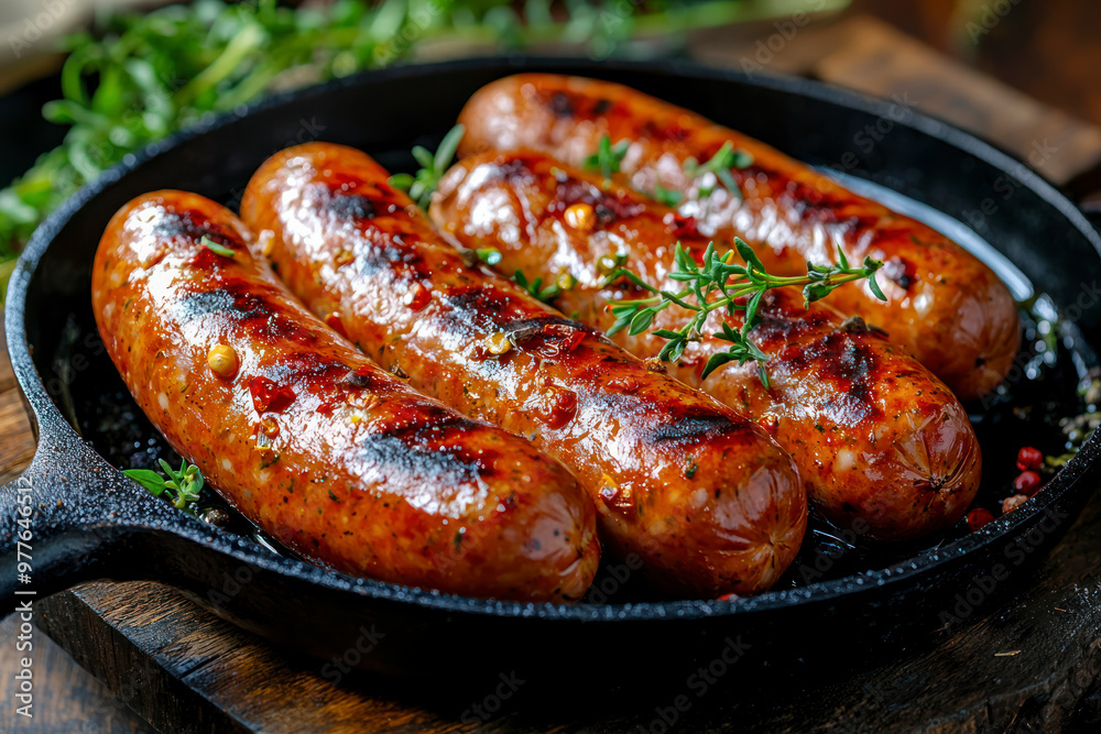Grilled sausages on pan with herbs and spices, wood background, close up. Grilled sausages on pan with herbs and spices, wood background, close up.