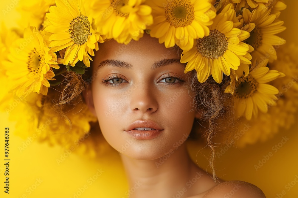 A striking portrait of a woman wearing a vibrant headdress made entirely of sunflowers.