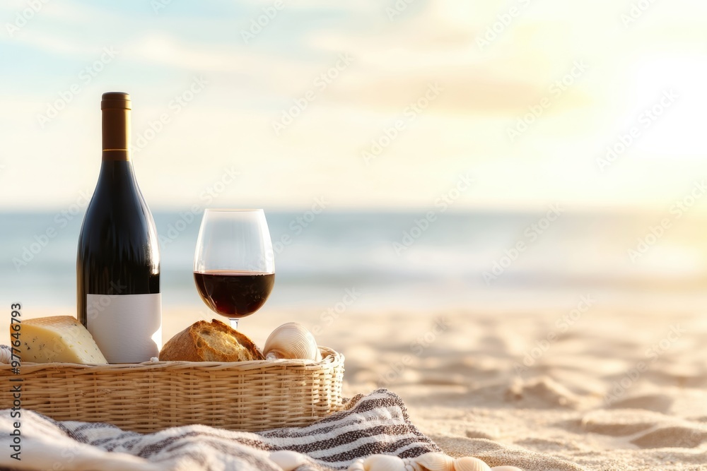 A serene beach scene featuring a bottle of wine, glass, cheese, and bread, perfect for a relaxing sunset picnic. A serene beach scene featuring a bottle of wine, glass, cheese, and bread, perfect for a relaxing sunset picnic.