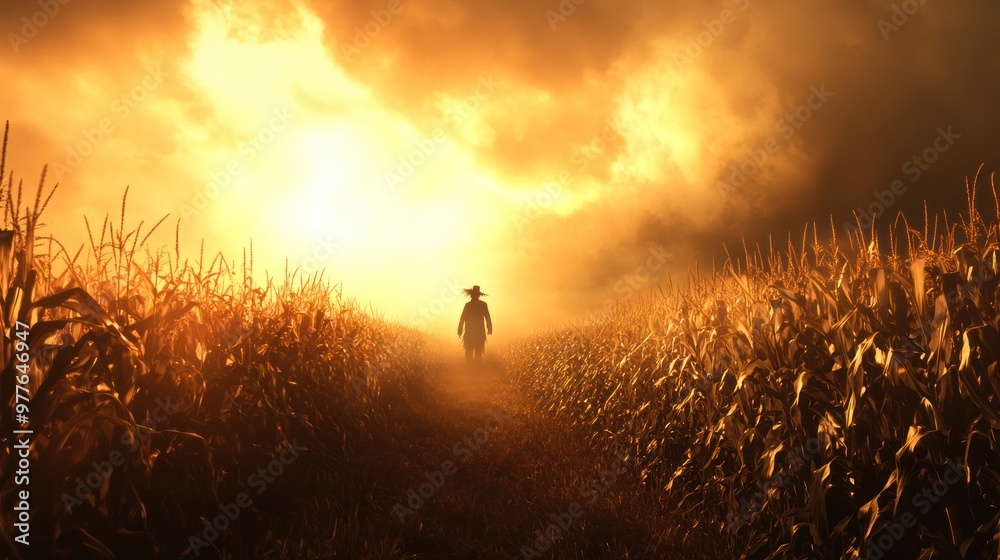 Fototapeta premium A foreboding twilight cornfield scene, where the last rays of sunlight cast eerie shadows across the field, with the scarecrow standing ominously in the distance.