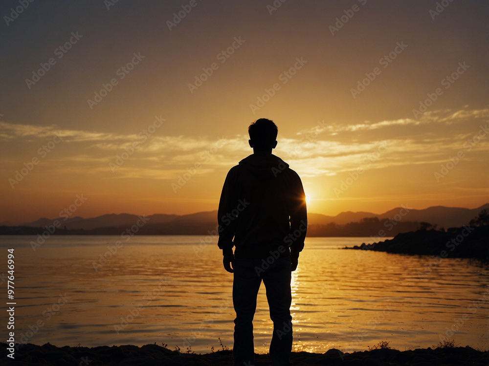 Silhouette of man standing by lake at sunset Silhouette of man standing by lake at sunset