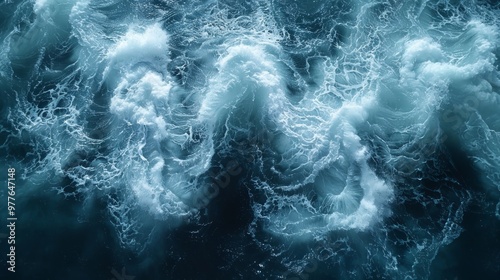 A dynamic and fluid abstract background of swirling white smoke on dark blue water, with a black backdrop, creating an atmospheric effect. 