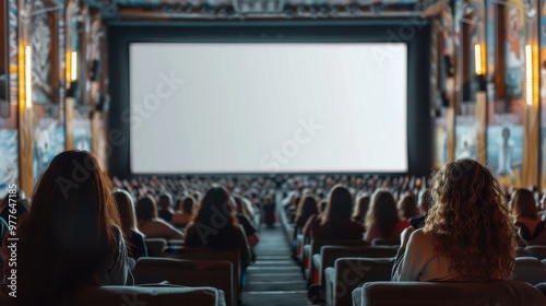 A crowd of spectators in the dark watching a white screen in a movie theater . Spectators watching a movie in a theater