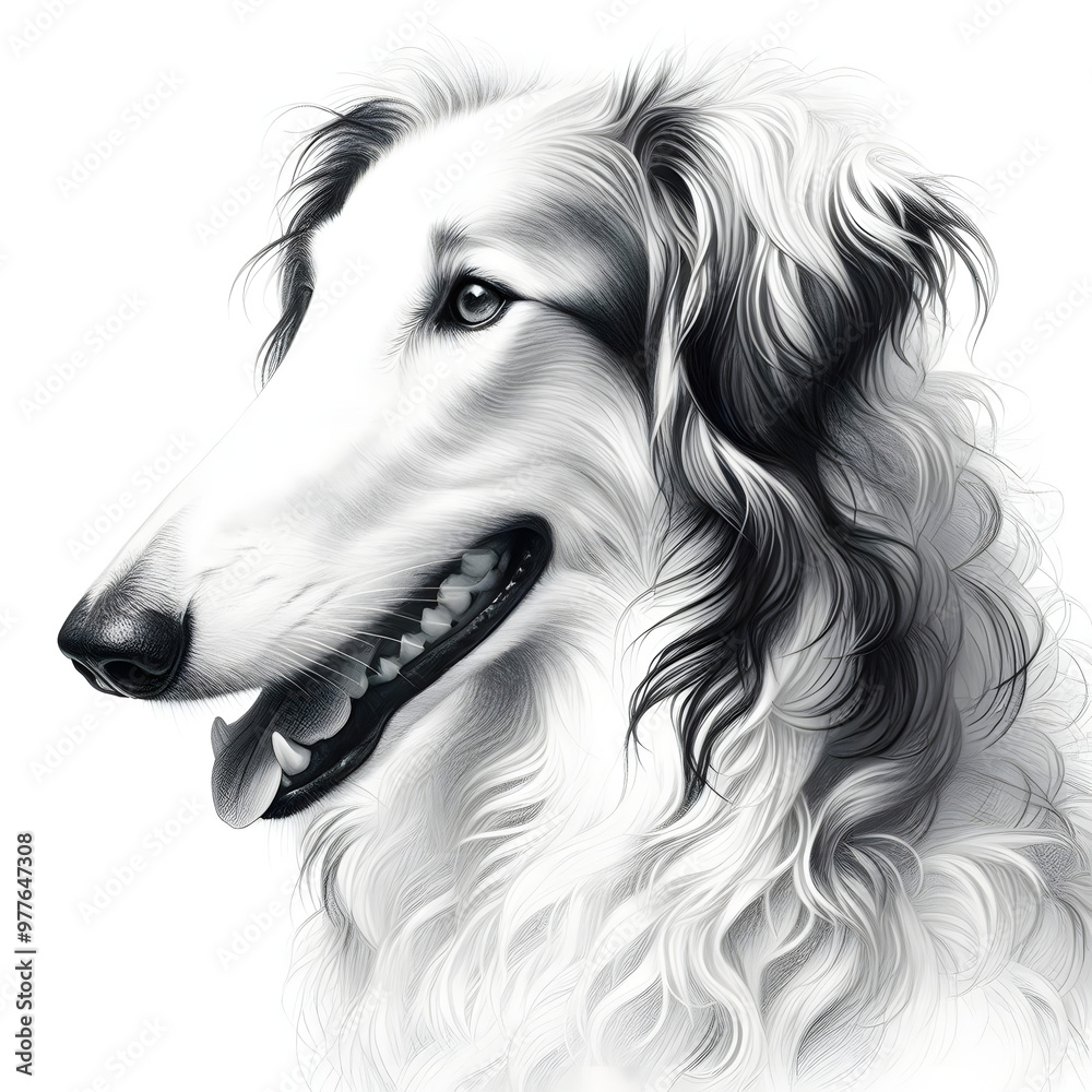 흰 배경, 보르조이, 펜슬 드로잉 (White background, Borzoi, Pencil drawing)