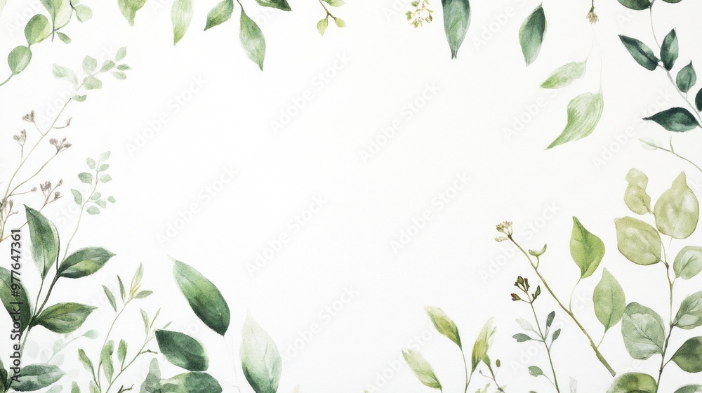 A hand-painted watercolor botanical illustration with delicate green leaves and flowers, framing the edges of the page for a natural, artistic wedding invitation.