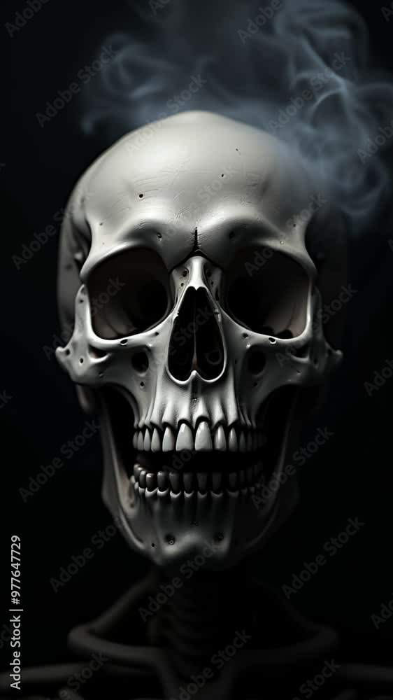 Scary evil skeleton skull with smoke on black background. Halloween and Day of the Dead concept. No Smoking campaign