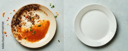 Closeup of a dirty plate covered in sauce and crumbs, next to a clean plate shining brightly, Before and after cleaning, dishwashing success
