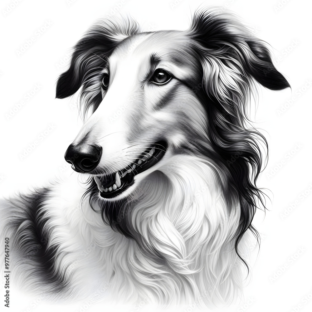 Fototapeta premium 흰 배경, 보르조이, 펜슬 드로잉 (White background, Borzoi, Pencil drawing)