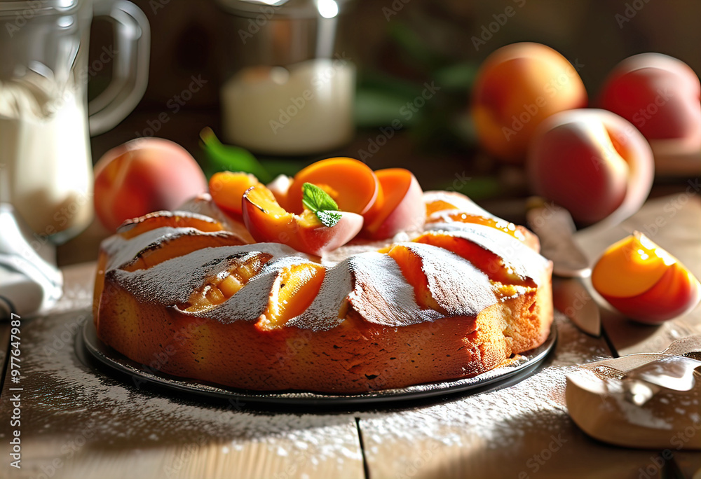 homemade buttercream pie with peaches on a rustic kitchen countertop, covered in a thick layer of frosting on a plate homemade buttercream pie with peaches on a rustic kitchen countertop, covered in a thick layer of frosting on a plate