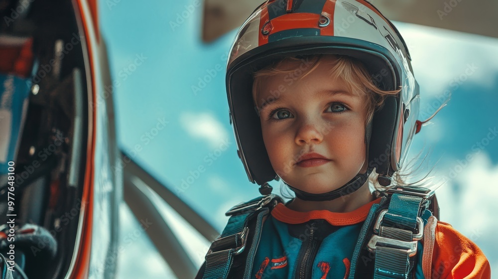 Portrait of child acting as a skydiving instructor, preparing to jump from a plane, with an open sky in the background. Portrait of child acting as a skydiving instructor, preparing to jump from a plane, with an open sky in the background.